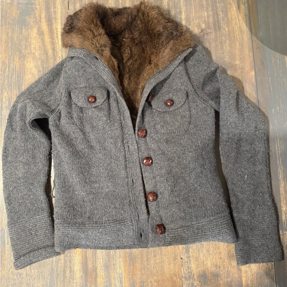 Vintage Gray Knit Lambs Wool Sweater lined with Real Rabbit Fur